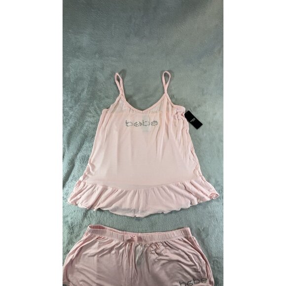 Bebe Sleepwear Women's Large Pink Tank & Shorts lounge set rhinestone logo NWT - Picture 9 of 9